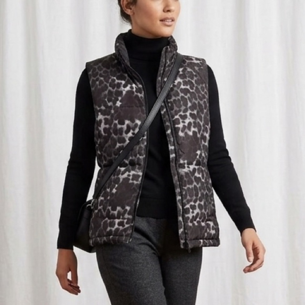 Cleo Gray Black Leopard Print Puffer Vest Quilted Full Zip Sleeveless Coat 1756